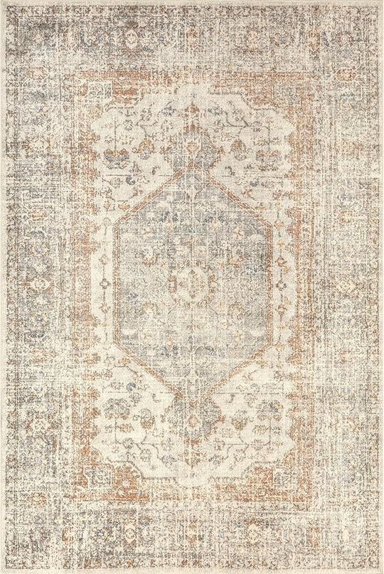 nuLOOM 4x6 Machine Washable Rain Haven Vintage Medallion Area Rug, Light Grey, Traditional Faded Design, Non-Slip Backing, Stain Resistant, For Bedroom, Dining Room, Living Room, Kitchen - LeafyLoom