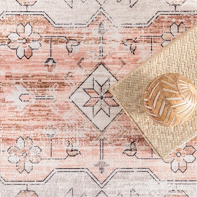 nuLOOM 5x8 Machine Washable Rain Haven Vintage Medallion Area Rug, Light Orange, Traditional Faded Design, Non-Slip Backing, Stain Resistant, For Bedroom, Dining Room, Living Room, Kitchen - LeafyLoom