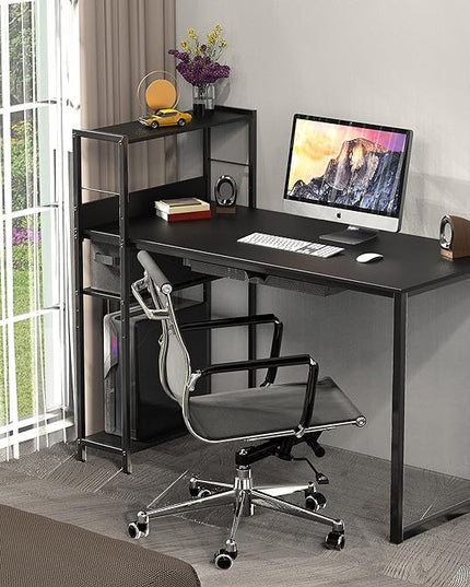 SHW 46-Inch Mission Desk with Side Shelf, 24" Deep, Black - LeafyLoom
