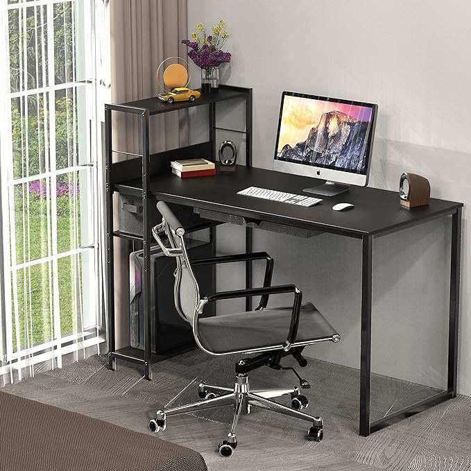 SHW 46-Inch Mission Desk with Side Shelf, 24" Deep, Black - LeafyLoom