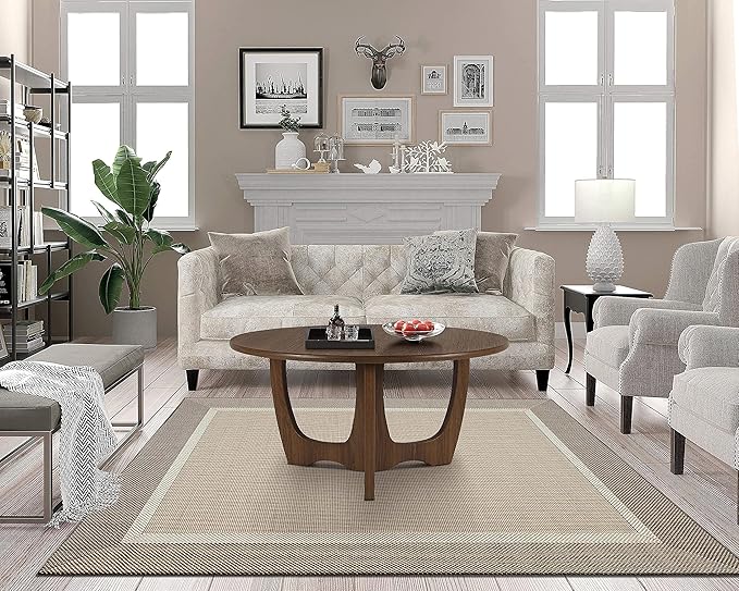 FINECASA Wooden Round Coffee Table Curved Leg, Accent Couch,Home Decoration, Living Room Tables, 36 x 18 Inches, Chestnut Color - LeafyLoom