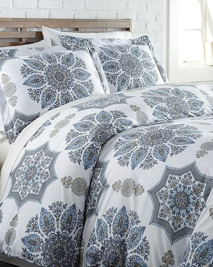 Southshore Fine Living, Inc. Oversized Full/Queen Comforter Bedding Set, Down Alternative Boho Bedspread, Paisley Floral Print Comforter, Full Size/Queen with 2 Matching Shams, Blue on White - LeafyLoom