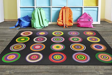 Flagship Carpets Color Rings Colorful Children's Area Rug for Kids Room Circle Seating Décor, Play Carpet for Teaching and Playing, Seats 20, 5'10" x 8'4", Black - LeafyLoom
