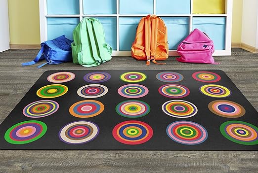 Flagship Carpets Color Rings Colorful Children's Area Rug for Kids Room Circle Seating Décor, Play Carpet for Teaching and Playing, Seats 20, 5'10" x 8'4", Black - LeafyLoom