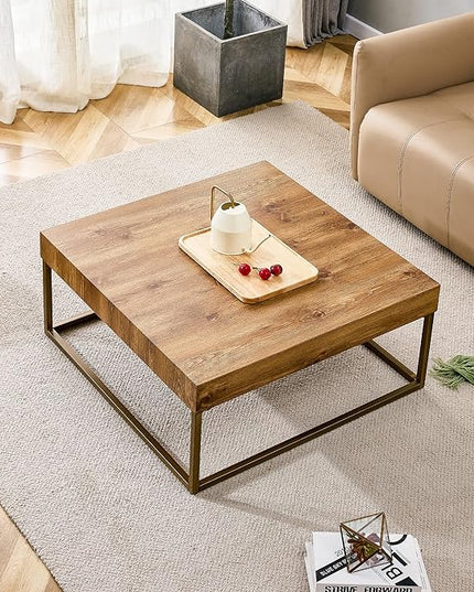 31.5'' Modern Rectangular Coffee Table with Textured Wood Tabletop for Living Room with Metal Legs Frame Natural Wood Coffee Table - LeafyLoom