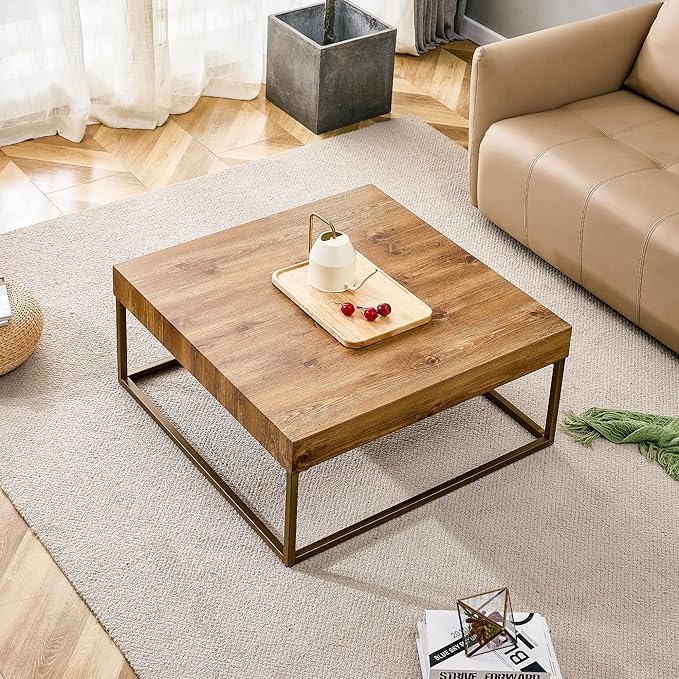 31.5'' Modern Rectangular Coffee Table with Textured Wood Tabletop for Living Room with Metal Legs Frame Natural Wood Coffee Table - LeafyLoom