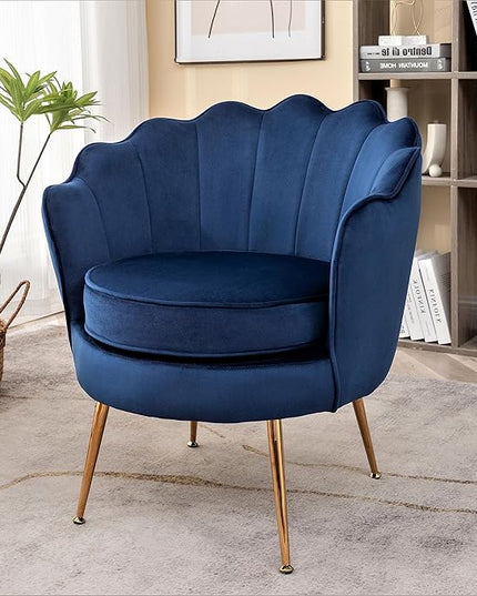Velvet Barrel Accent Chair with Scalloped Silhouette and Gold Metal Legs, Decorative Piece Suitable for Traditional, Modern, and Contemporary Spaces, Navy Blue - LeafyLoom