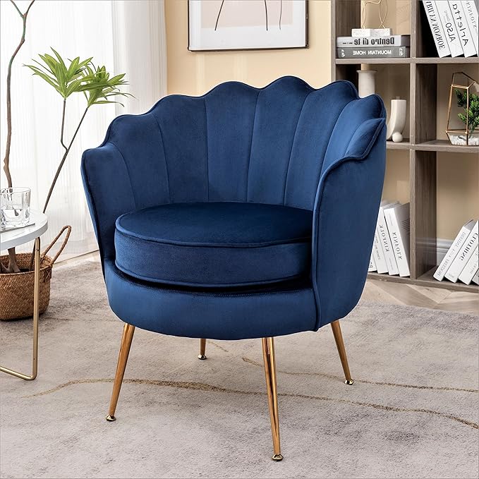 Velvet Barrel Accent Chair with Scalloped Silhouette and Gold Metal Legs, Decorative Piece Suitable for Traditional, Modern, and Contemporary Spaces, Navy Blue - LeafyLoom