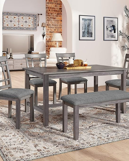 60 Inch Dining Table Set for 6, Kitchen Table set with 4 Upholstered Chairs and Bench, Dining Room Table Set for Living Room, Dining Room, Dark Grey - LeafyLoom