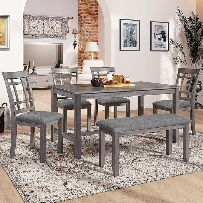 60 Inch Dining Table Set for 6, Kitchen Table set with 4 Upholstered Chairs and Bench, Dining Room Table Set for Living Room, Dining Room, Dark Grey - LeafyLoom