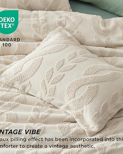 Bedsure King Size Comforter Set Beige, Boho Tufted Bedding Comforter Set, Farmhouse Jacquard Cable Knit Pattern Bed Set, 3 Pieces, 1 Shabby Chic Fluffy Comforter & 2 Pillow Shams - LeafyLoom