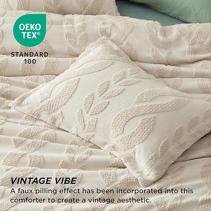 Bedsure King Size Comforter Set Beige, Boho Tufted Bedding Comforter Set, Farmhouse Jacquard Cable Knit Pattern Bed Set, 3 Pieces, 1 Shabby Chic Fluffy Comforter & 2 Pillow Shams - LeafyLoom