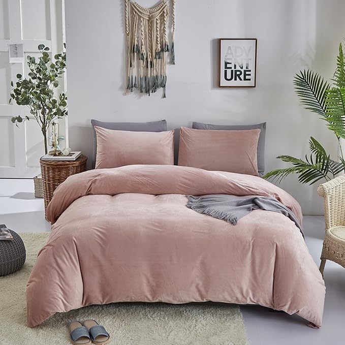 Wellboo Pink Velvet Comforter Sets Full Light Red Fluffy Bedding Comforters Full Size Women Girls Solid Pink Cute Flannel Quilts Aesthetic Pink Warm Winter Blankets Micromink Sherpa Fuzzy Plush Bed - LeafyLoom