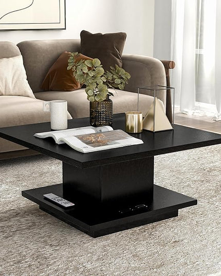 24/7 Shop at Home Lukas 31 inch Square Coffee Table with Hidden Storage and Base Shelf, Contemporary Furniture for Living Room, Home Office, Apartment, Small Space, Black - LeafyLoom