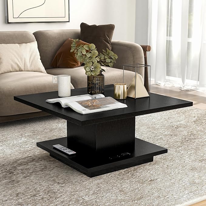 24/7 Shop at Home Lukas 31 inch Square Coffee Table with Hidden Storage and Base Shelf, Contemporary Furniture for Living Room, Home Office, Apartment, Small Space, Black - LeafyLoom