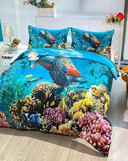CVHOUSE Sea Turtle Bedding Set,Sea Turtle Comforter Full,Ocean Beach Comforter Set for Boys Kids Girls,Ocean Quilt Set with 1 Comforter and 2 Pillow Cases - LeafyLoom