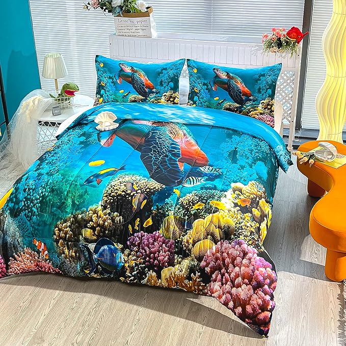 CVHOUSE Sea Turtle Bedding Set,Sea Turtle Comforter Full,Ocean Beach Comforter Set for Boys Kids Girls,Ocean Quilt Set with 1 Comforter and 2 Pillow Cases - LeafyLoom