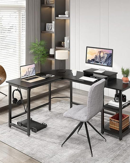 Computer desk, L-shaped Corner Desk with 2-Layer Storage,Large PC Laptop Table with Monitor Stand and CPU Stand,Gaming Desk Writing Table for Office Home (Black Carbon Fiber) - LeafyLoom