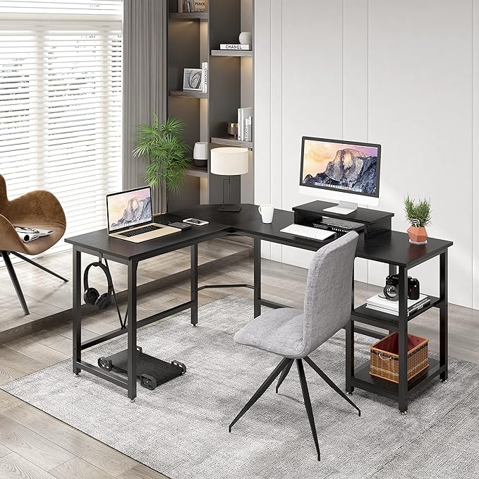 Computer desk, L-shaped Corner Desk with 2-Layer Storage,Large PC Laptop Table with Monitor Stand and CPU Stand,Gaming Desk Writing Table for Office Home (Black Carbon Fiber) - LeafyLoom