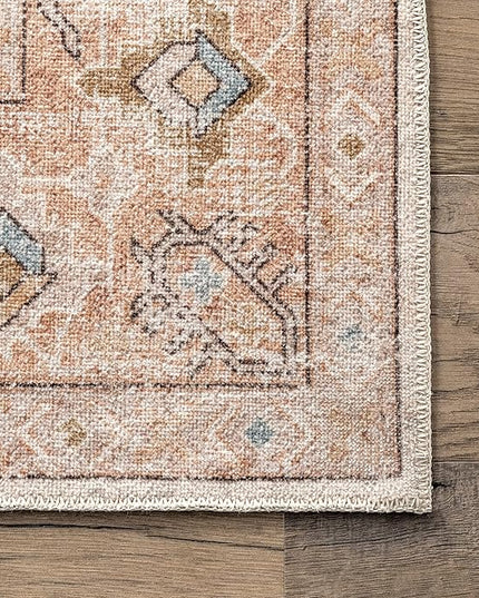 nuLOOM Dawson Machine Washable Distressed Medallion Ultra Thin Area Rug, 6' x 9', Peach - LeafyLoom