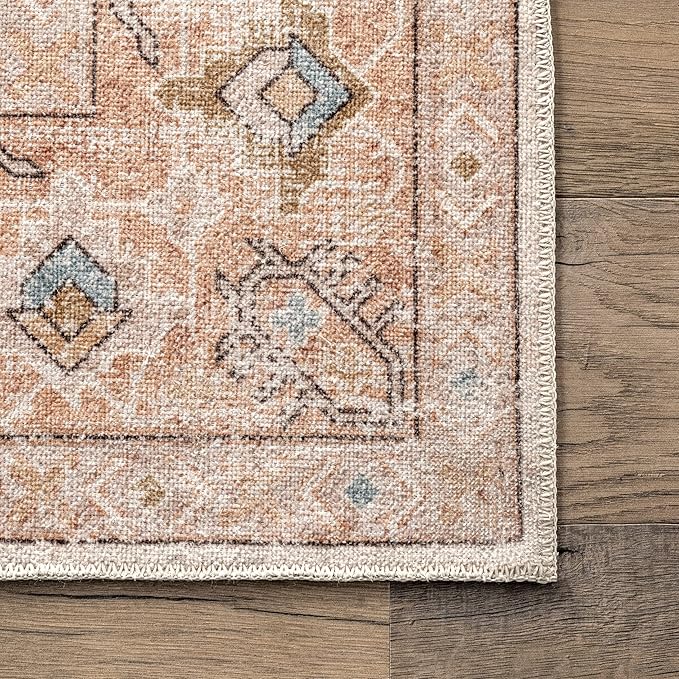 nuLOOM Dawson Machine Washable Distressed Medallion Ultra Thin Area Rug, 6' x 9', Peach - LeafyLoom