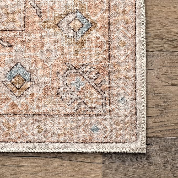 nuLOOM Dawson Machine Washable Distressed Medallion Ultra Thin Runner Rug, 2' 6" x 8', Peach - LeafyLoom