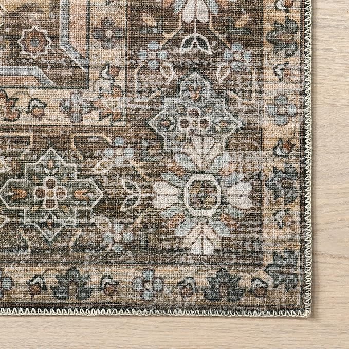 nuLOOM Devin Machine Washable Vintage Medallion Ultra Thin Area Rug, 5' x 8', Light Brown - LeafyLoom