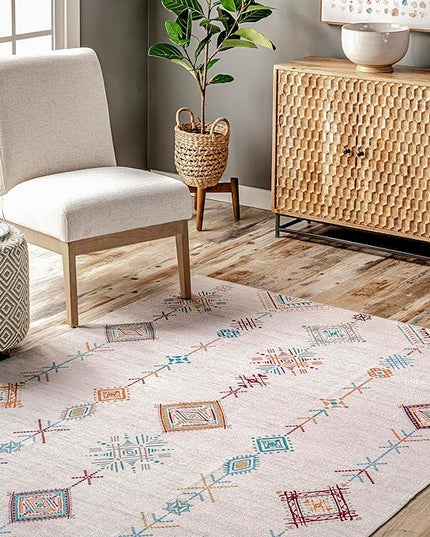 nuLOOM Kiya Machine Washable Moroccan Tribal Geometric Ultra Thin Area Rug, 6' x 9', Light Grey - LeafyLoom