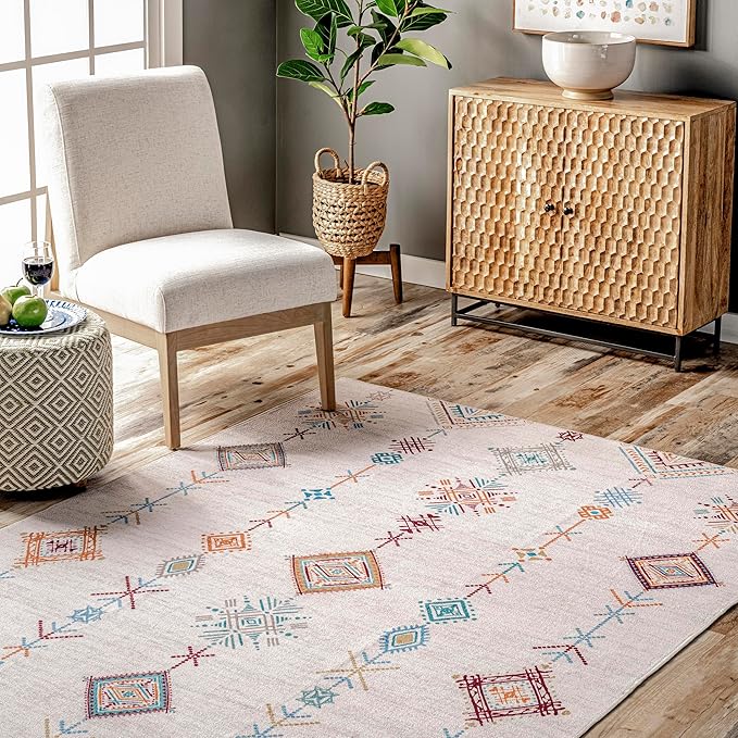 nuLOOM Kiya Machine Washable Moroccan Tribal Geometric Ultra Thin Area Rug, 5' x 8', Light Grey - LeafyLoom