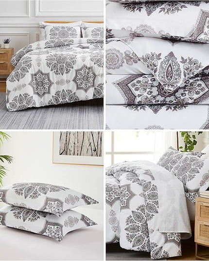 Southshore Fine Living, Inc. Oversized Full/Queen Comforter Bedding Set, Down Alternative Boho Bedspread, Paisley Floral Print Comforter, Full Size/Queen with 2 Matching Shams, Grey on White - LeafyLoom