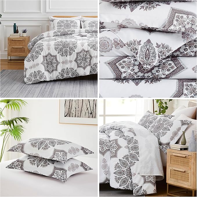 Southshore Fine Living, Inc. Oversized Full/Queen Comforter Bedding Set, Down Alternative Boho Bedspread, Paisley Floral Print Comforter, Full Size/Queen with 2 Matching Shams, Grey on White - LeafyLoom