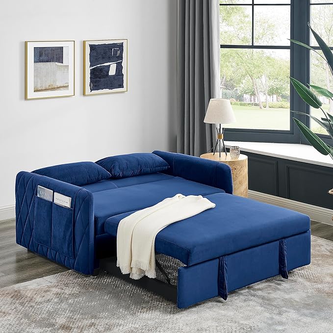 3 in 1 Sleeper Sofa Grid Design Armrests and 2 Pillows,Modern Convertible Loveseat Sofá W Pull Out Sleep Couch Bed,Velvet Upholstered Love Seat TV Sofabed for Living Room, 55", Blue1 - LeafyLoom
