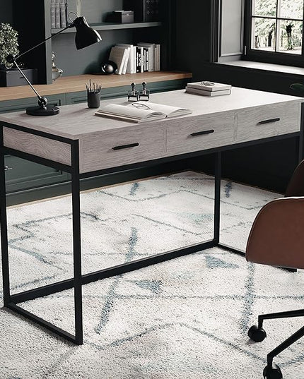 Martha Stewart Ollie Home Office Desk with 3 Drawers in Gray Wood Grain with Oil Rubbed Bronze Hardware - LeafyLoom
