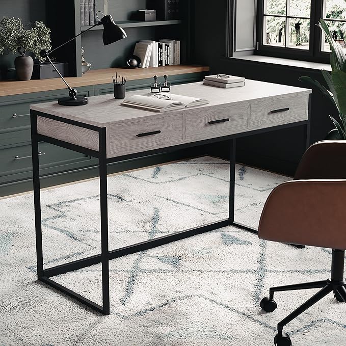 Martha Stewart Ollie Home Office Desk with 3 Drawers in Gray Wood Grain with Oil Rubbed Bronze Hardware - LeafyLoom