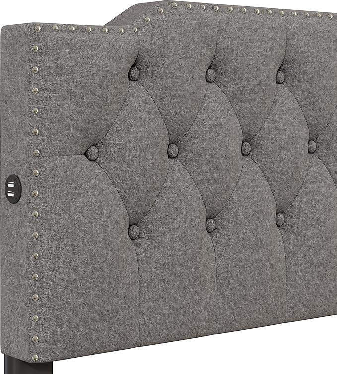 Queen Size Linen Upholstered Platform Bed with 2 Drawers and 2 sets of USB Ports on Each Side,Wood Bed Frame w/Button-Tufted Design Headboard,for Bedroom,Apartment,Gray - LeafyLoom