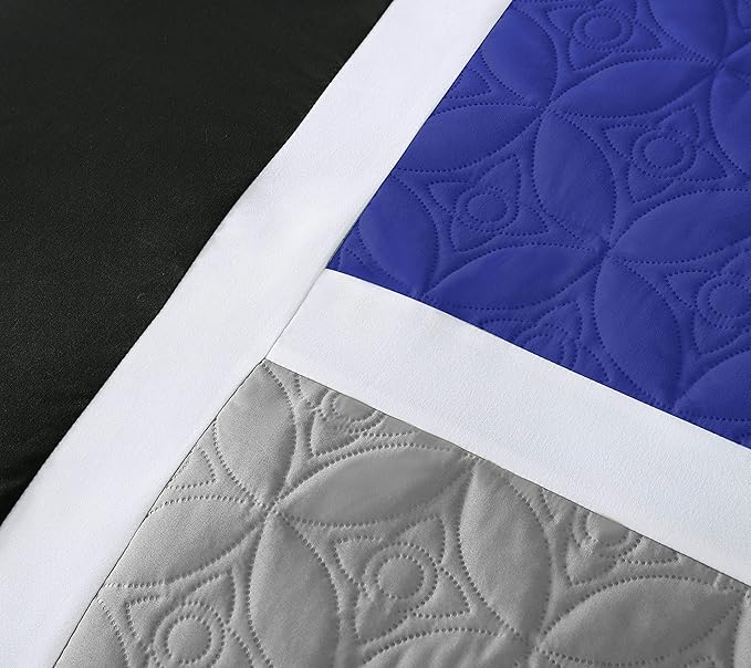 Chezmoi Collection Upland 7-Piece Quilted Patchwork Comforter Set, Blue/Black/Gray, Queen - LeafyLoom