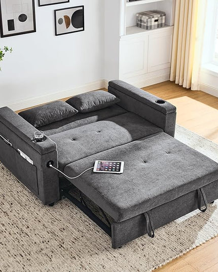 4 in 1 Multifunctional Convertible Loveseat Sleeper Sofa Bed,Soft Chenille Tufted Love Seats Sofabed W/Pull Out Sleep Couch,Armrests Storage,Cupholders,USB Ports,Pillows and Side Pockets - LeafyLoom