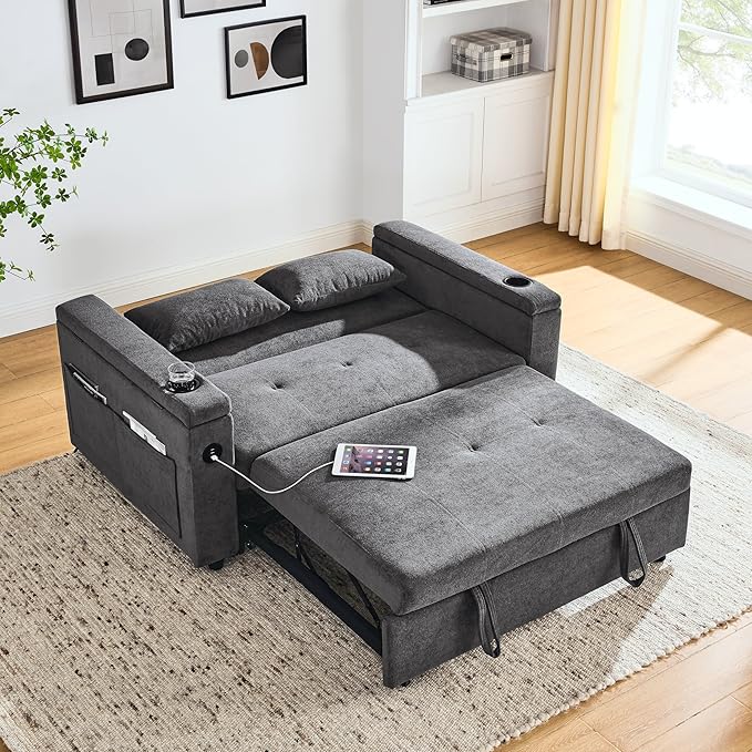 4 in 1 Multifunctional Convertible Loveseat Sleeper Sofa Bed,Soft Chenille Tufted Love Seats Sofabed W/Pull Out Sleep Couch,Armrests Storage,Cupholders,USB Ports,Pillows and Side Pockets - LeafyLoom