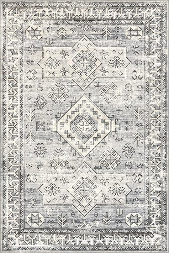 nuLOOM 4x6 Machine Washable Rain Haven Vintage Medallion Area Rug, Grey, Traditional Faded Design, Non-Slip Backing, Stain Resistant, For Bedroom, Dining Room, Living Room, Kitchen - LeafyLoom