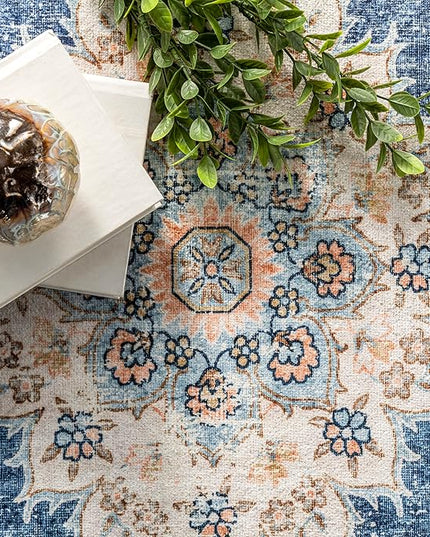 nuLOOM Ren Vintage Floral Machine Washable Ultra Thin Area Rug, 8x10, Blue - LeafyLoom