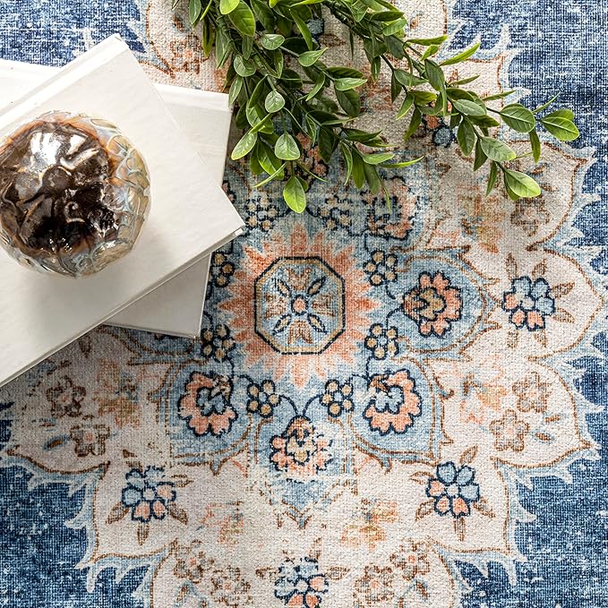 nuLOOM Ren Vintage Floral Machine Washable Ultra Thin Area Rug, 8x10, Blue - LeafyLoom