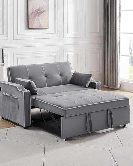 3-in-1 Velvet Upholstered Sofabed Tufted Futon Loveseat Sofa Convertible Sleeper Couch Bed with Cupholders and USB Charging Ports,Modern 2-Seaters Love Seat Daybed for Living Room, 55.2", Gray1 - LeafyLoom