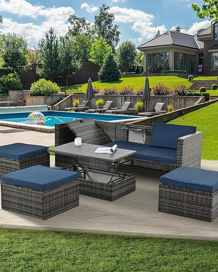 Modular Rattan Outdoor Sectional Furniture, Wicker Conversation Patio Sets with Plywood Coffee Table and Lounger Sofa for Backyard, Db-Navy Blue - LeafyLoom