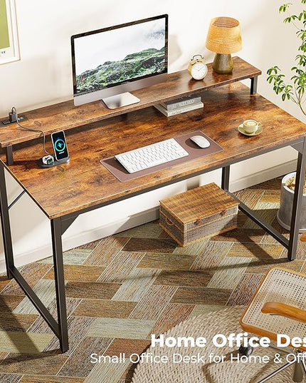 SUPERJARE 47 inch Computer Desk with LED Lights & Power Outlets, Home Office Desk with Monitor Shelf, Small Desk for Home & Office, Rustic Brown - LeafyLoom
