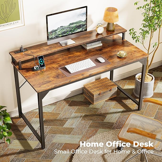 SUPERJARE 47 inch Computer Desk with LED Lights & Power Outlets, Home Office Desk with Monitor Shelf, Small Desk for Home & Office, Rustic Brown - LeafyLoom