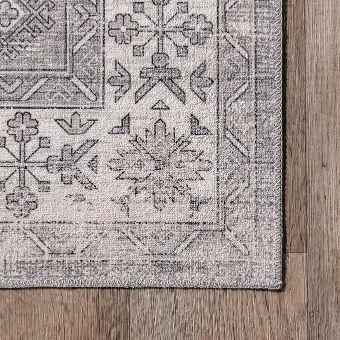 nuLOOM Medallion Bordered Machine Washable Ultra Thin Accent Rug, 3' x 5', Beige - LeafyLoom