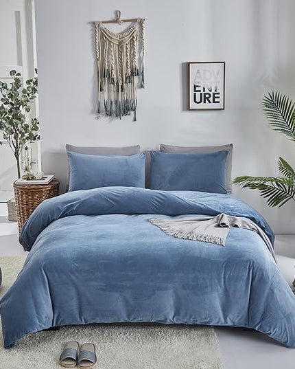 Wellboo Blue Velvet Comforters King Size Women Men Solid Lake Blue Fluffy Bedding Cotton Modern Plain Haze Blue Flannel Quilts Warm Winter Micromink Sherpa Blankets Aesthetic Plush Luxury Dorm Bed - LeafyLoom