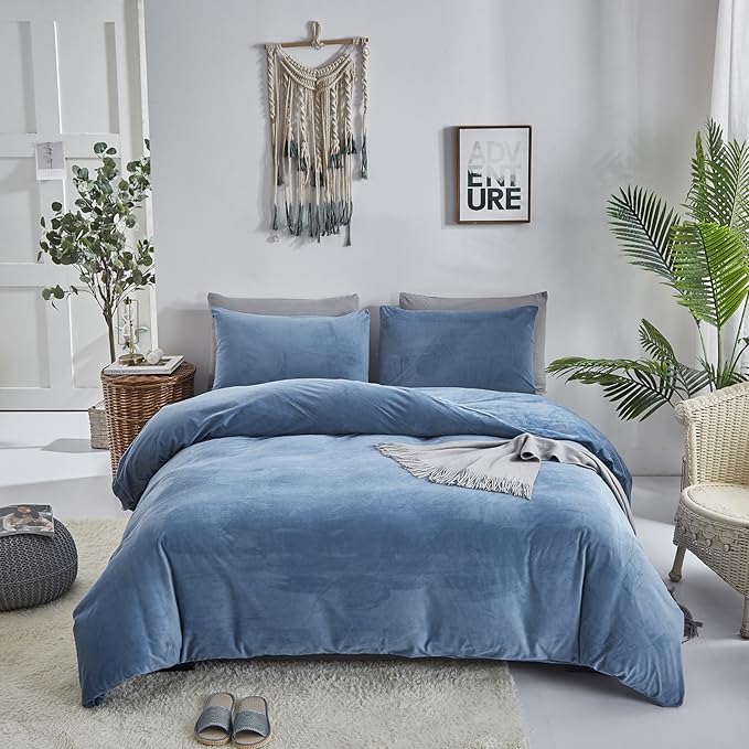 Wellboo Blue Velvet Comforters King Size Women Men Solid Lake Blue Fluffy Bedding Cotton Modern Plain Haze Blue Flannel Quilts Warm Winter Micromink Sherpa Blankets Aesthetic Plush Luxury Dorm Bed - LeafyLoom