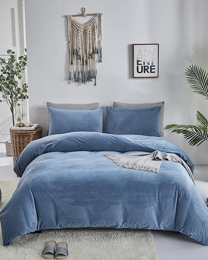 Wellboo Blue Velvet Comforter Sets Twin Boys Men Lake Blue Fluffy Bedding Comforters Women Girls Solid Blue Flannel Cozy Quilts Modern Plain Haze Blue Aesthetic Blanket Luxury Ultra Soft Shaggy Bed - LeafyLoom