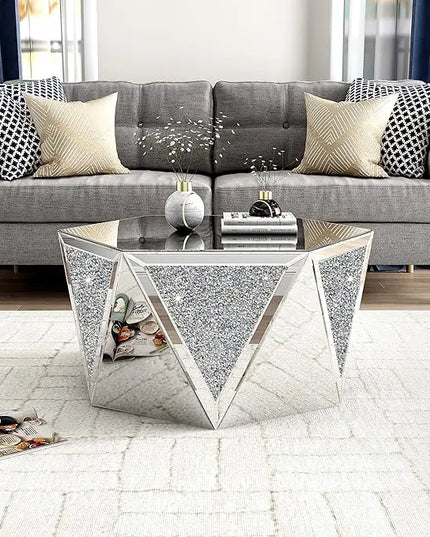 Drum Coffee Table Mirrored with Crystal Inlay, Hexagon Silver Accent Table, Modern Design Luxury Contemporary Furniture, 31.5‘’ Low Coffee Table for Living Room Fully Assembled - LeafyLoom